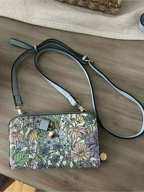 Poppy & Peonies Pastel Floral Convertible Crossbody in Light Blue Trim